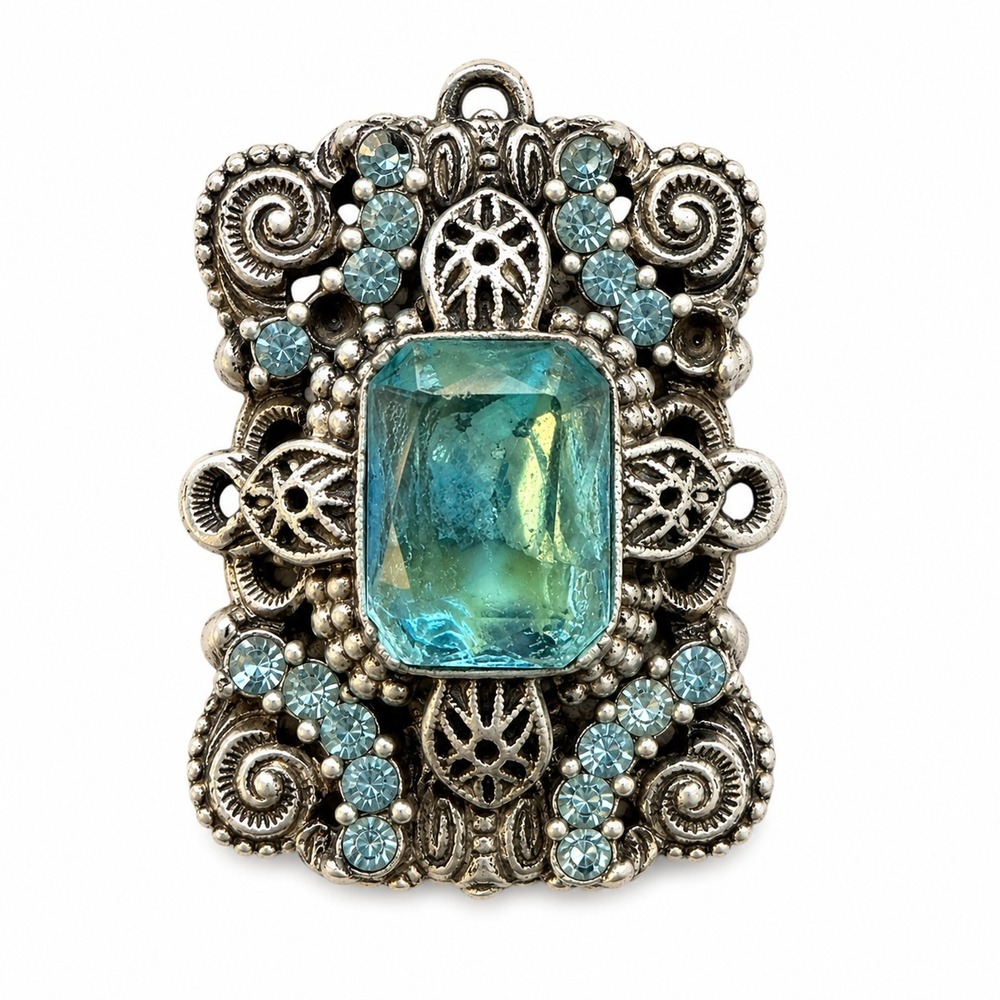 VTG Aqua‎ Blue Glass Pendant Ornate Filigree Pot Metal Gothic Boho Art Deco READ